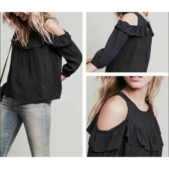 Anthropologie Maeve Womens Size 2 Mavra Black Cold Shoulder Ruffle Blouse Boho - Picture 1 of 5